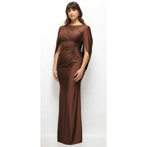After Six 6897 Cognac Draped Stretch Satin Maxi Dress with Built-in Capelet XXL - Picture 3 of 5
